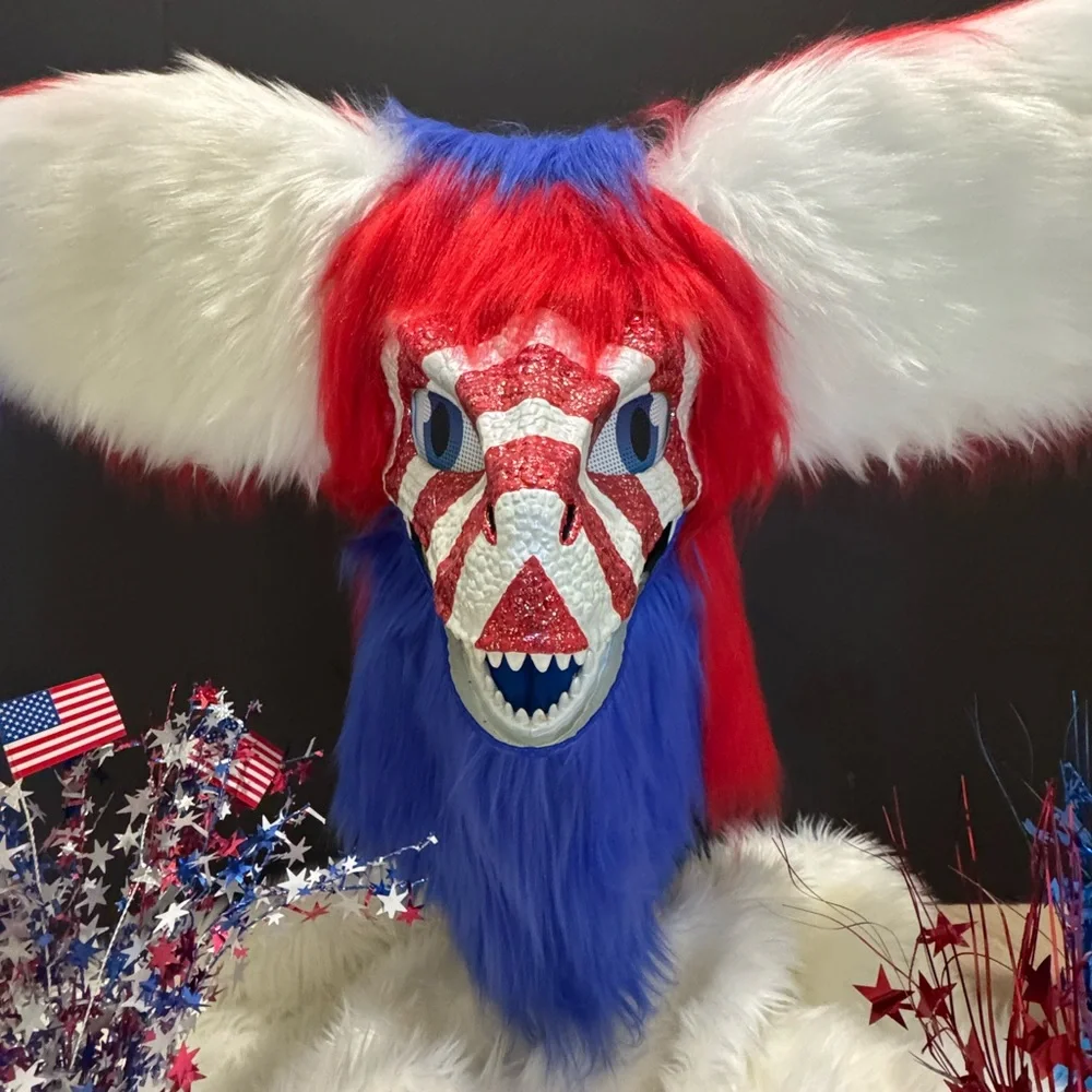 Dino Furry Mask. Patriotic Red White and Blue Glitter Fursuit Head  read detail